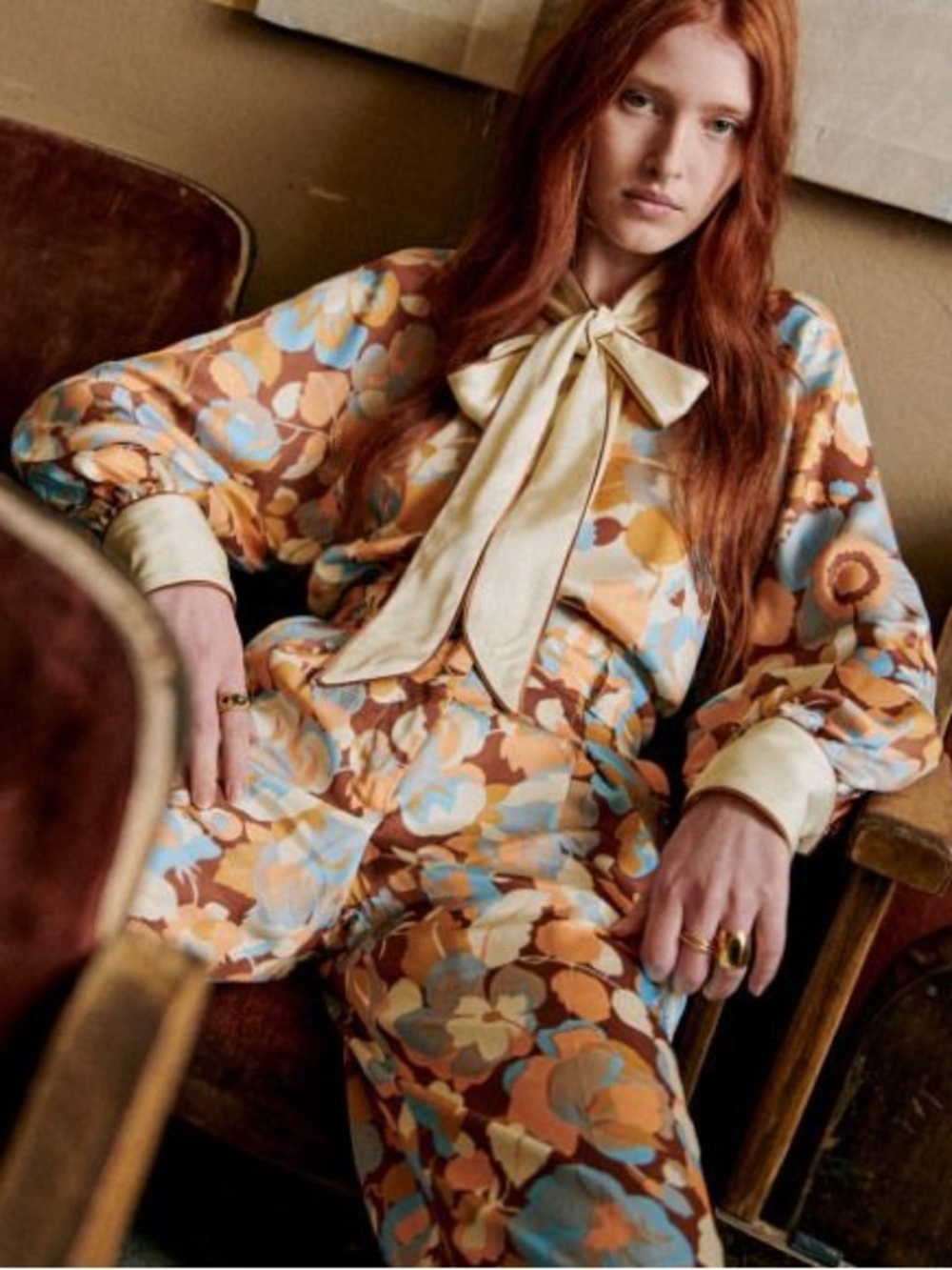 SEZANE Cream Blue Orange Brown Retro Floral Printed Tie Neck Zelda Satin Blouse